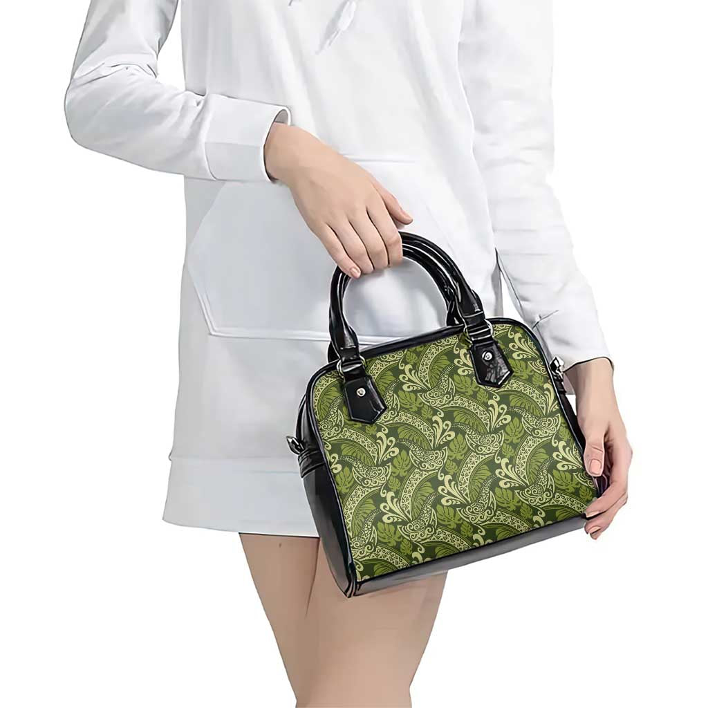 Olive Green Monstera Shoulder Handbag Polynesian Tribal Pattern - Polynesian Pride