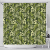 Olive Green Monstera Shower Curtain Polynesian Tribal Pattern - Polynesian Pride