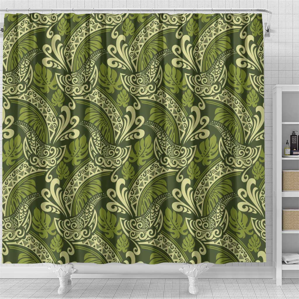 Olive Green Monstera Shower Curtain Polynesian Tribal Pattern - Polynesian Pride