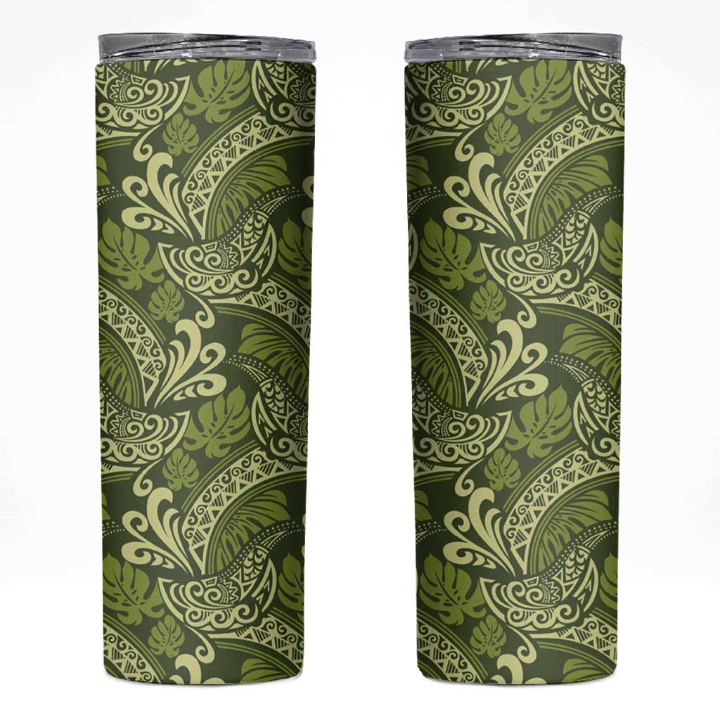 Olive Green Monstera Skinny Tumbler Polynesian Tribal Pattern LT01 Green - Polynesian Pride