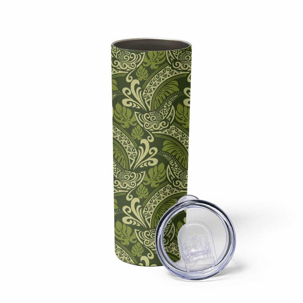 Olive Green Monstera Skinny Tumbler Polynesian Tribal Pattern LT01 - Polynesian Pride