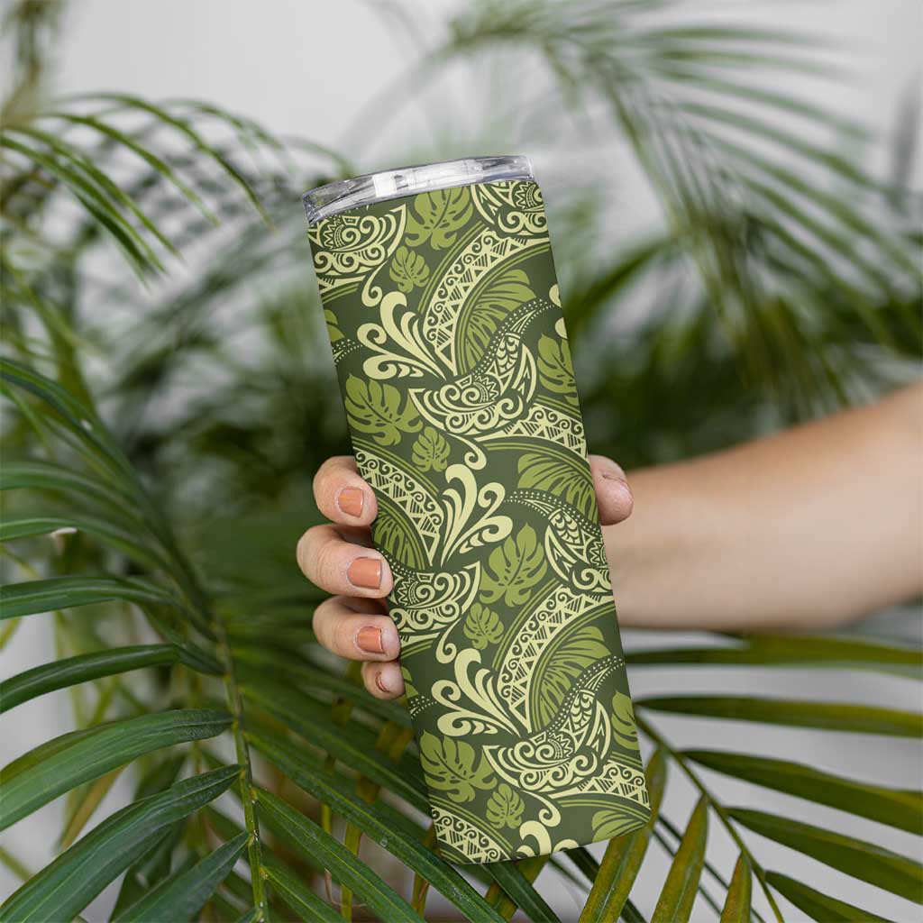 Olive Green Monstera Skinny Tumbler Polynesian Tribal Pattern LT01 - Polynesian Pride