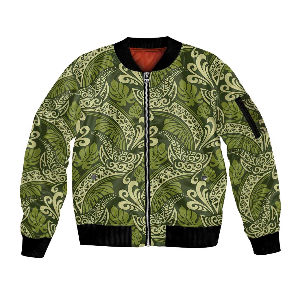 Olive Green Monstera Sleeve Zip Bomber Jacket Polynesian Tribal Pattern - Polynesian Pride