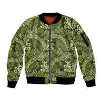Olive Green Monstera Sleeve Zip Bomber Jacket Polynesian Tribal Pattern - Polynesian Pride
