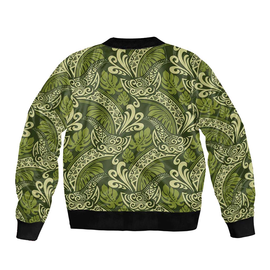 Olive Green Monstera Sleeve Zip Bomber Jacket Polynesian Tribal Pattern - Polynesian Pride