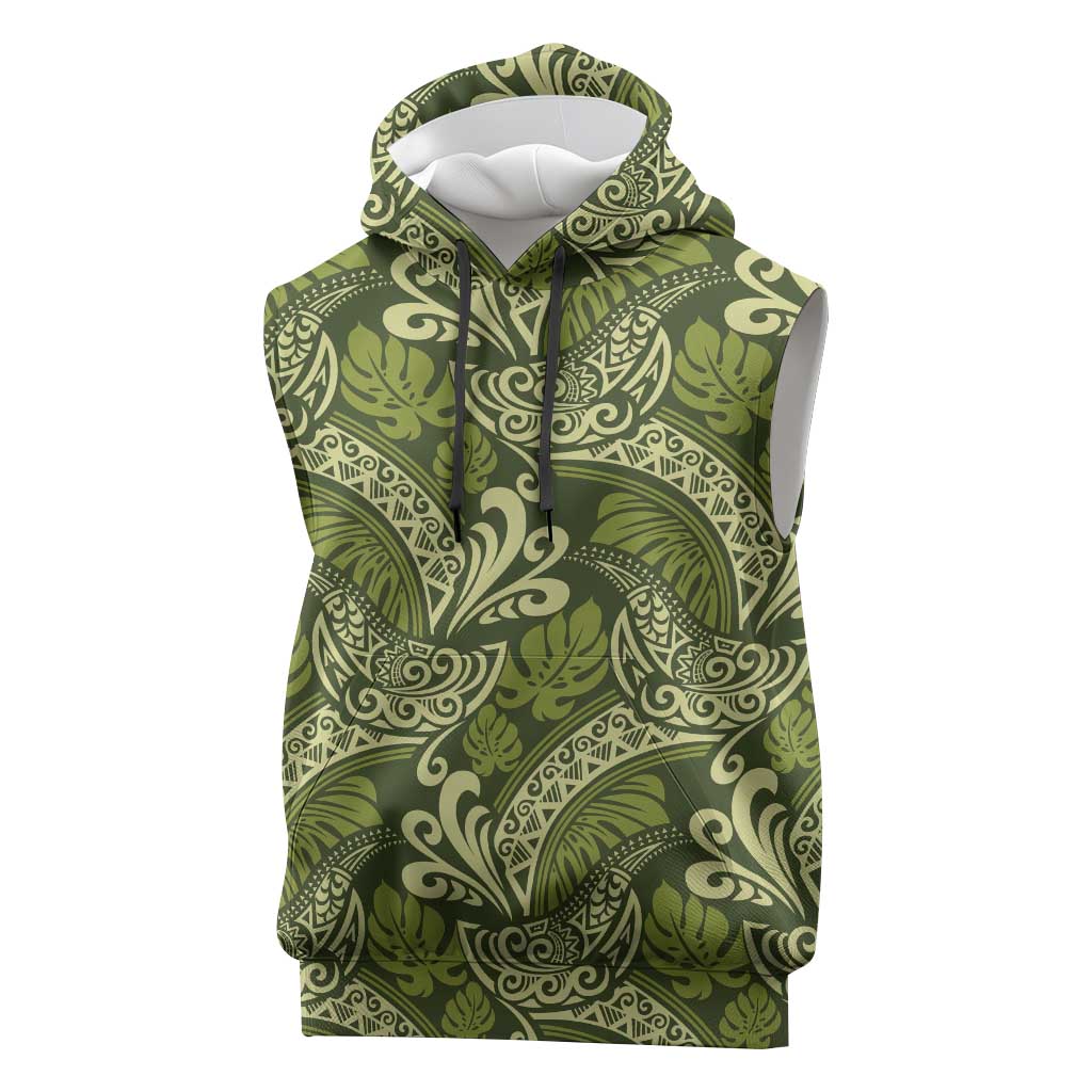 Olive Green Monstera Sleeveless Hoodie Polynesian Tribal Pattern LT01 Green - Polynesian Pride