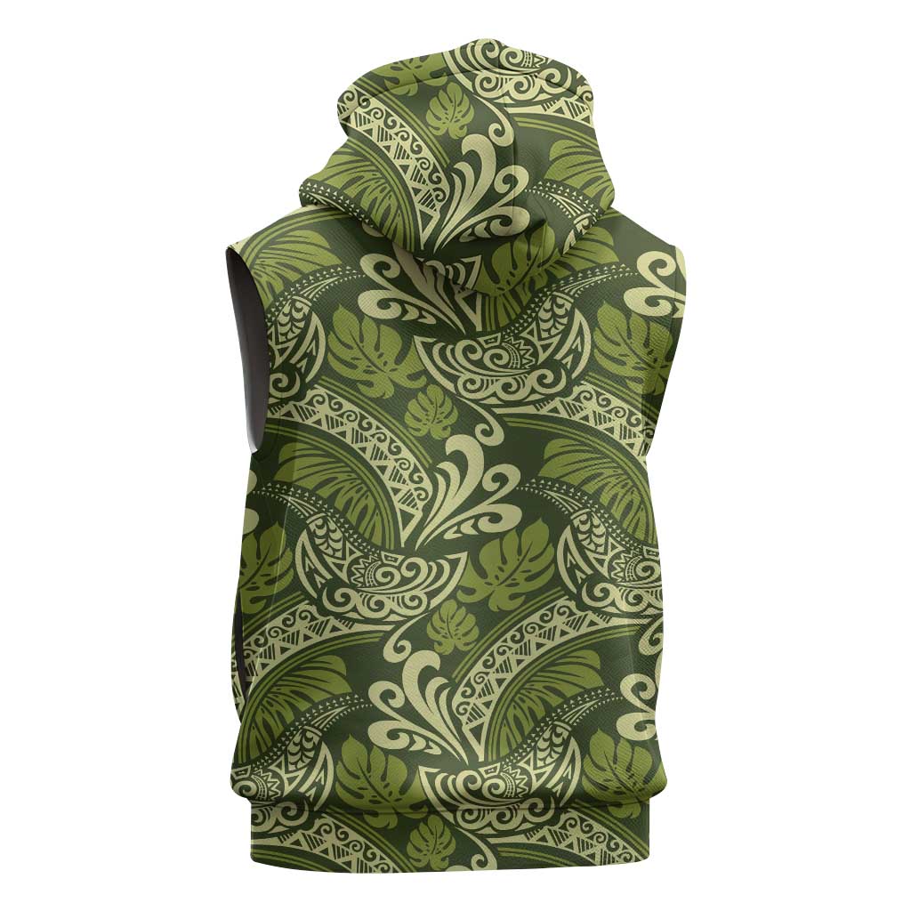 Olive Green Monstera Sleeveless Hoodie Polynesian Tribal Pattern LT01 - Polynesian Pride