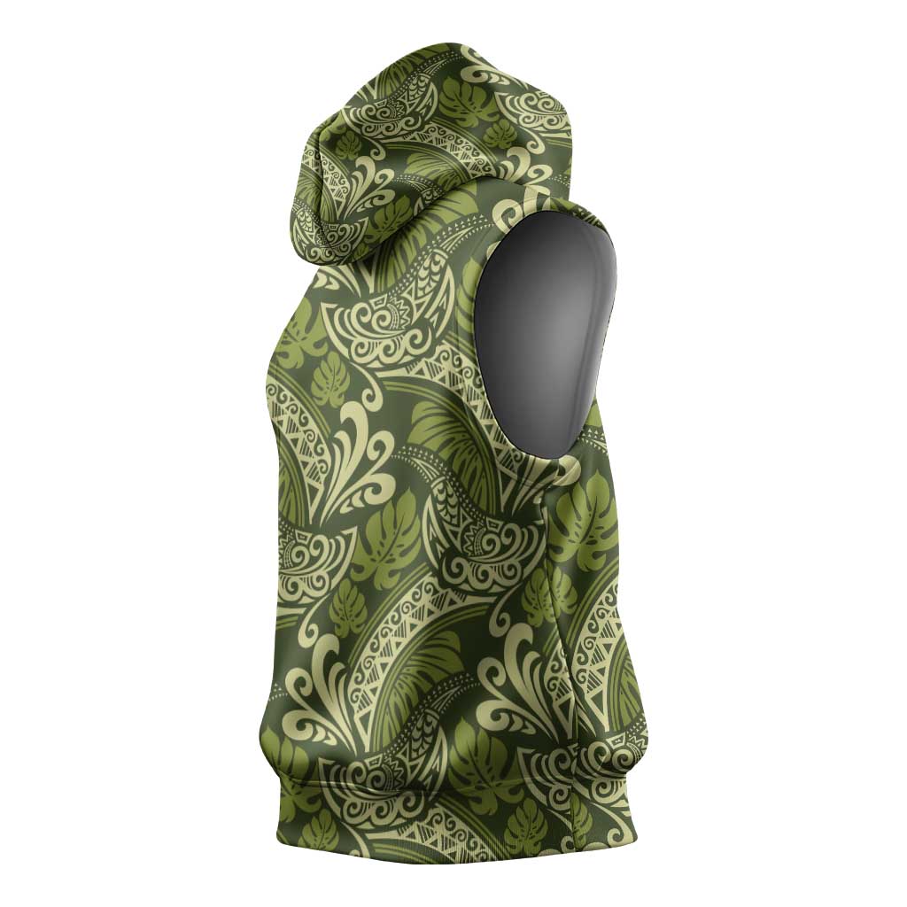 Olive Green Monstera Sleeveless Hoodie Polynesian Tribal Pattern LT01 - Polynesian Pride