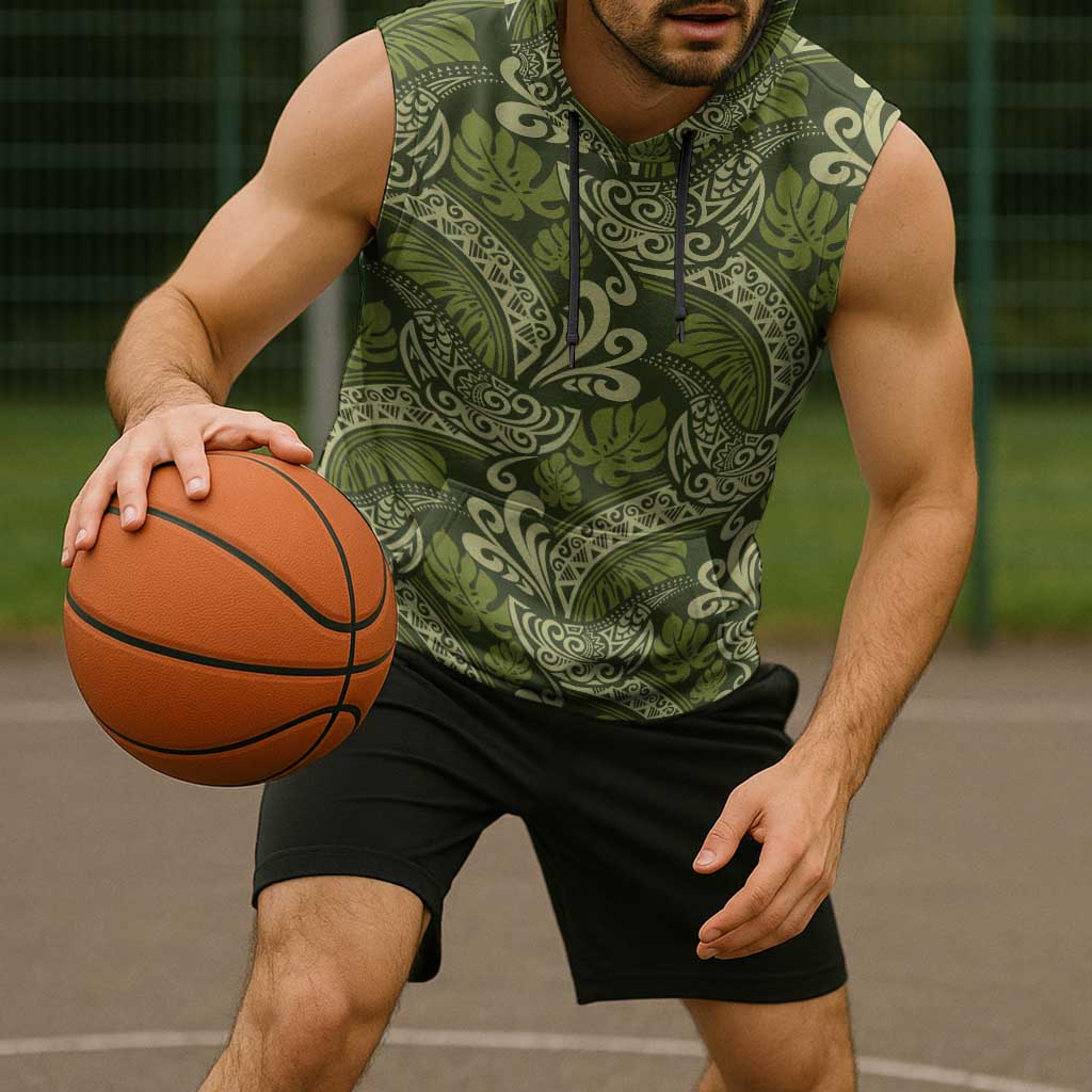 Olive Green Monstera Sleeveless Hoodie Polynesian Tribal Pattern LT01 - Polynesian Pride