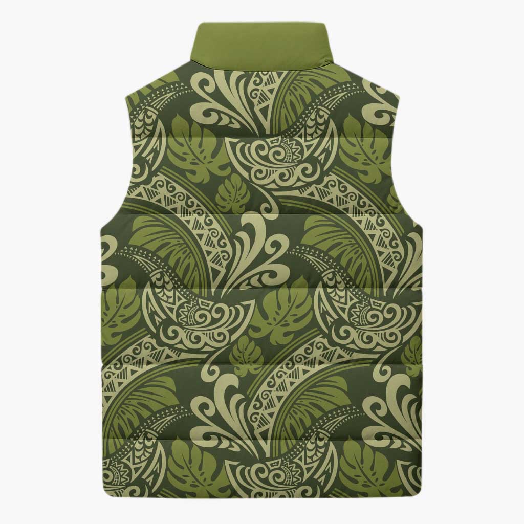 Olive Green Monstera Sleeveless Puffer Jacket Polynesian Tribal Pattern LT01 - Polynesian Pride