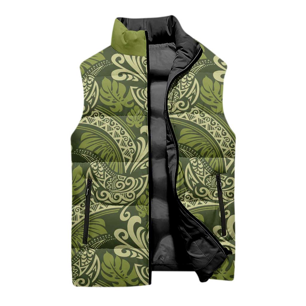 Olive Green Monstera Sleeveless Puffer Jacket Polynesian Tribal Pattern LT01 - Polynesian Pride