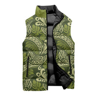 Olive Green Monstera Sleeveless Puffer Jacket Polynesian Tribal Pattern LT01 - Polynesian Pride