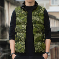 Olive Green Monstera Sleeveless Puffer Jacket Polynesian Tribal Pattern LT01 - Polynesian Pride