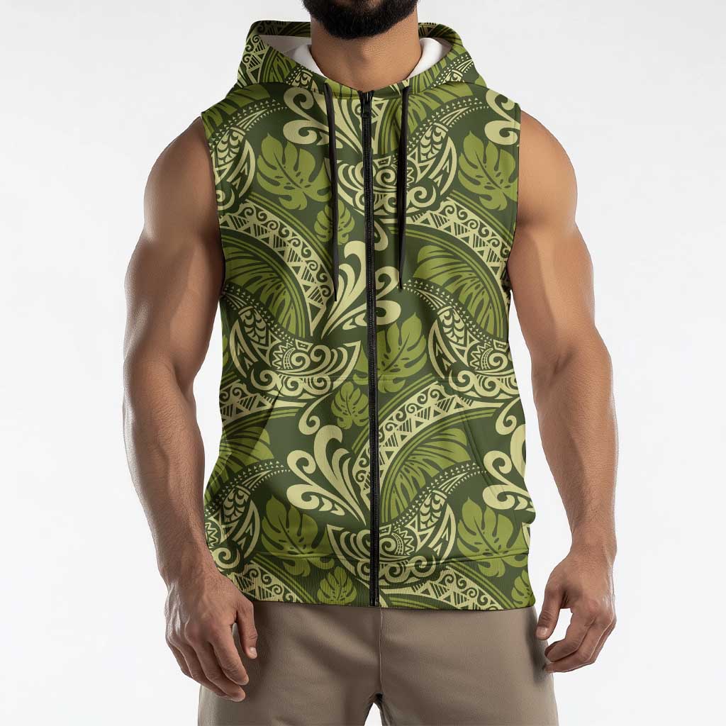 Olive Green Monstera Sleeveless Zip Hoodie Polynesian Tribal Pattern LT01 - Polynesian Pride