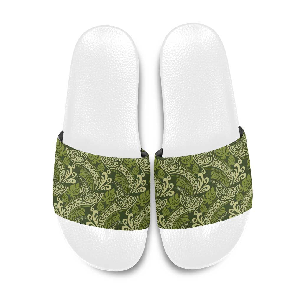 Olive Green Monstera Slide Sandals Polynesian Tribal Pattern - Polynesian Pride