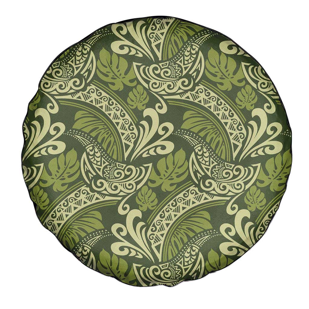 Olive Green Monstera Spare Tire Cover Polynesian Tribal Pattern - Polynesian Pride