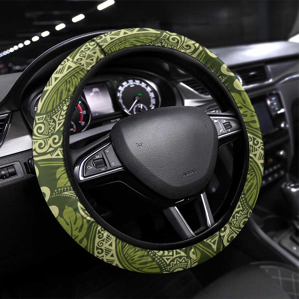 Olive Green Monstera Steering Wheel Cover Polynesian Tribal Pattern LT01 Universal Fit Green - Polynesian Pride