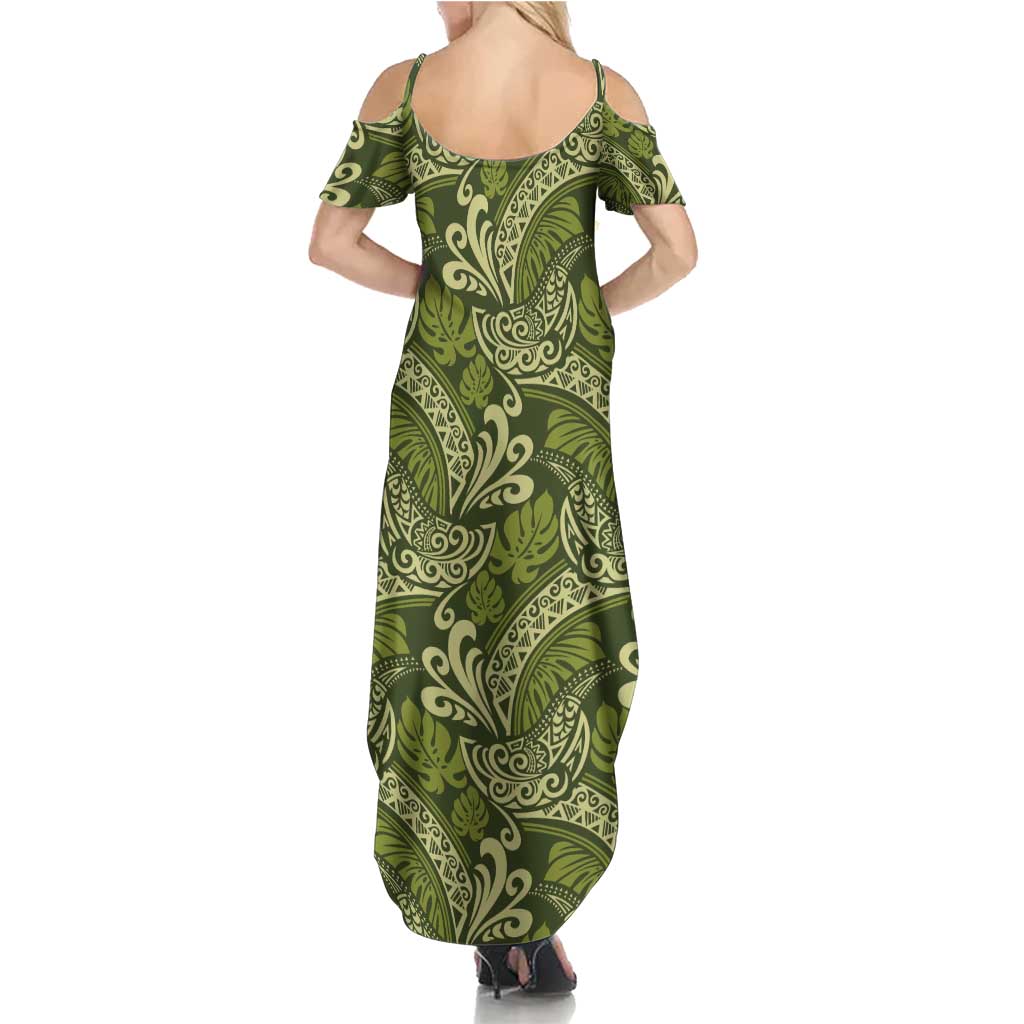 Olive Green Monstera Summer Maxi Dress Polynesian Tribal Pattern - Polynesian Pride