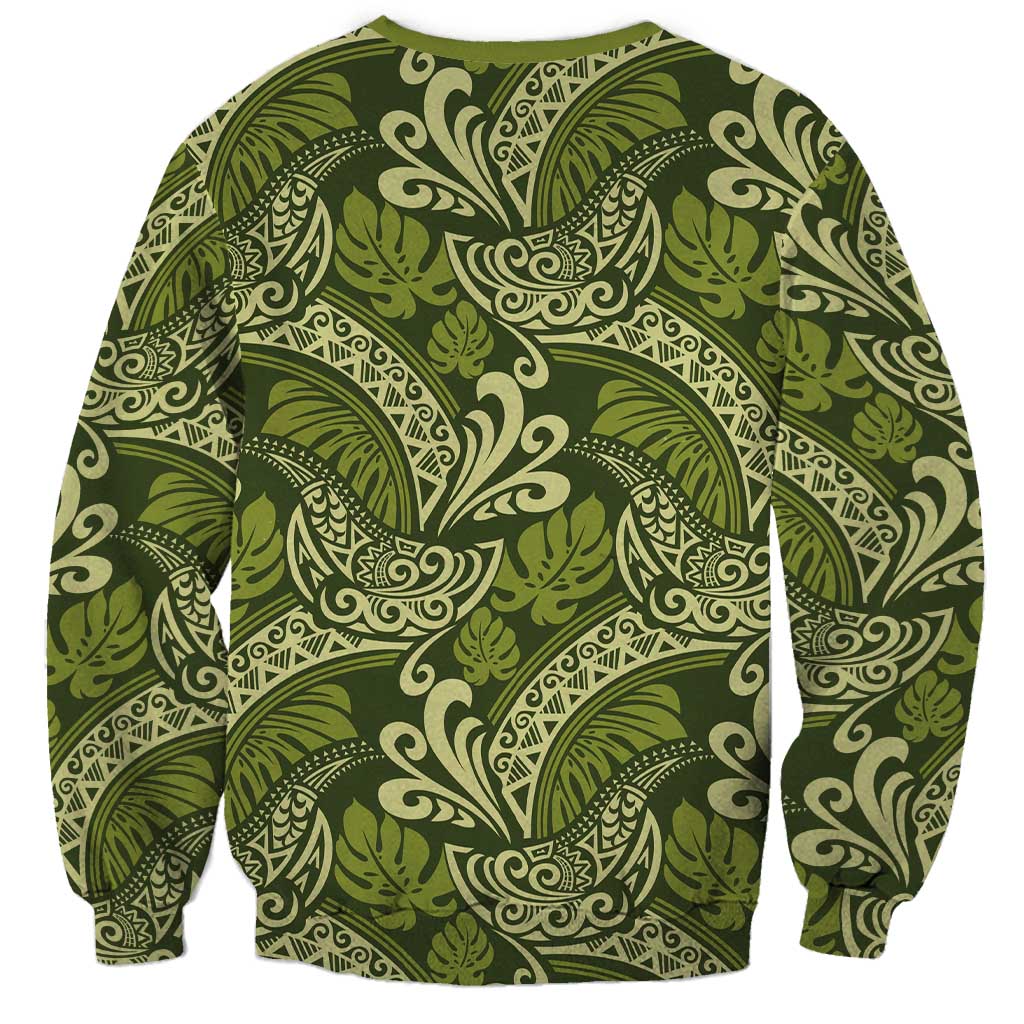 Olive Green Monstera Sweatshirt Polynesian Tribal Pattern LT01 - Polynesian Pride