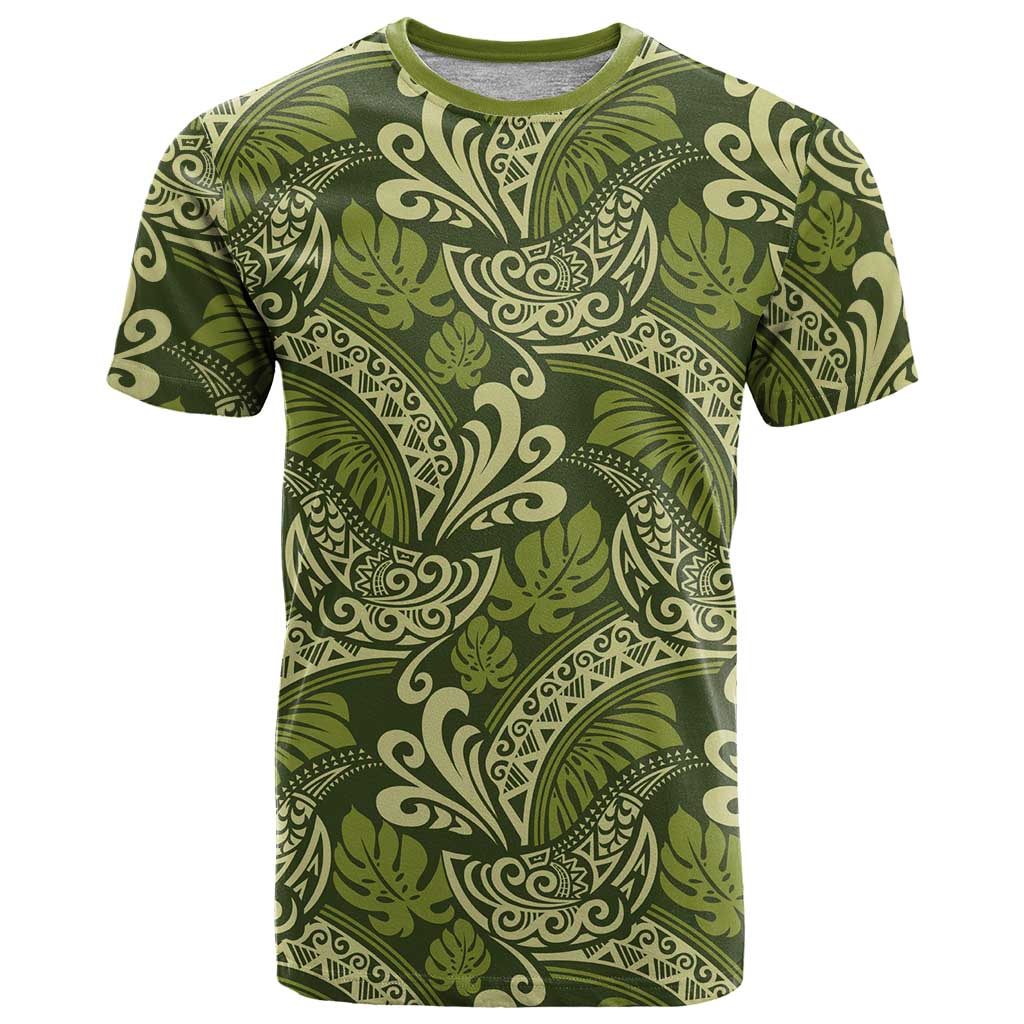 Olive Green Monstera T Shirt Polynesian Tribal Pattern LT01 Green - Polynesian Pride