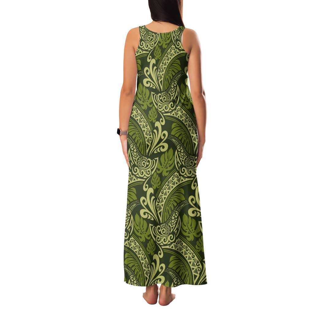 Olive Green Monstera Tank Maxi Dress Polynesian Tribal Pattern LT01 - Polynesian Pride