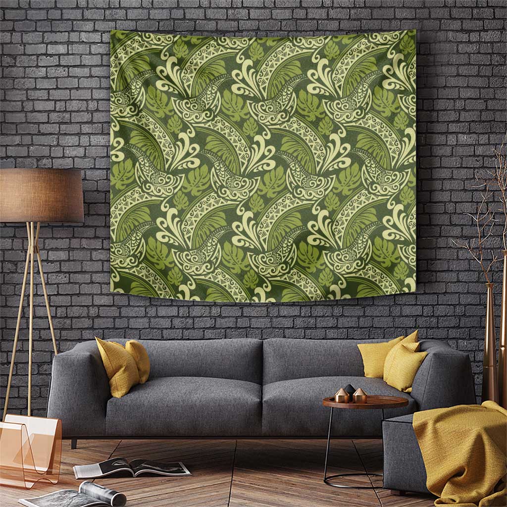 Olive Green Monstera Tapestry Polynesian Tribal Pattern - Polynesian Pride