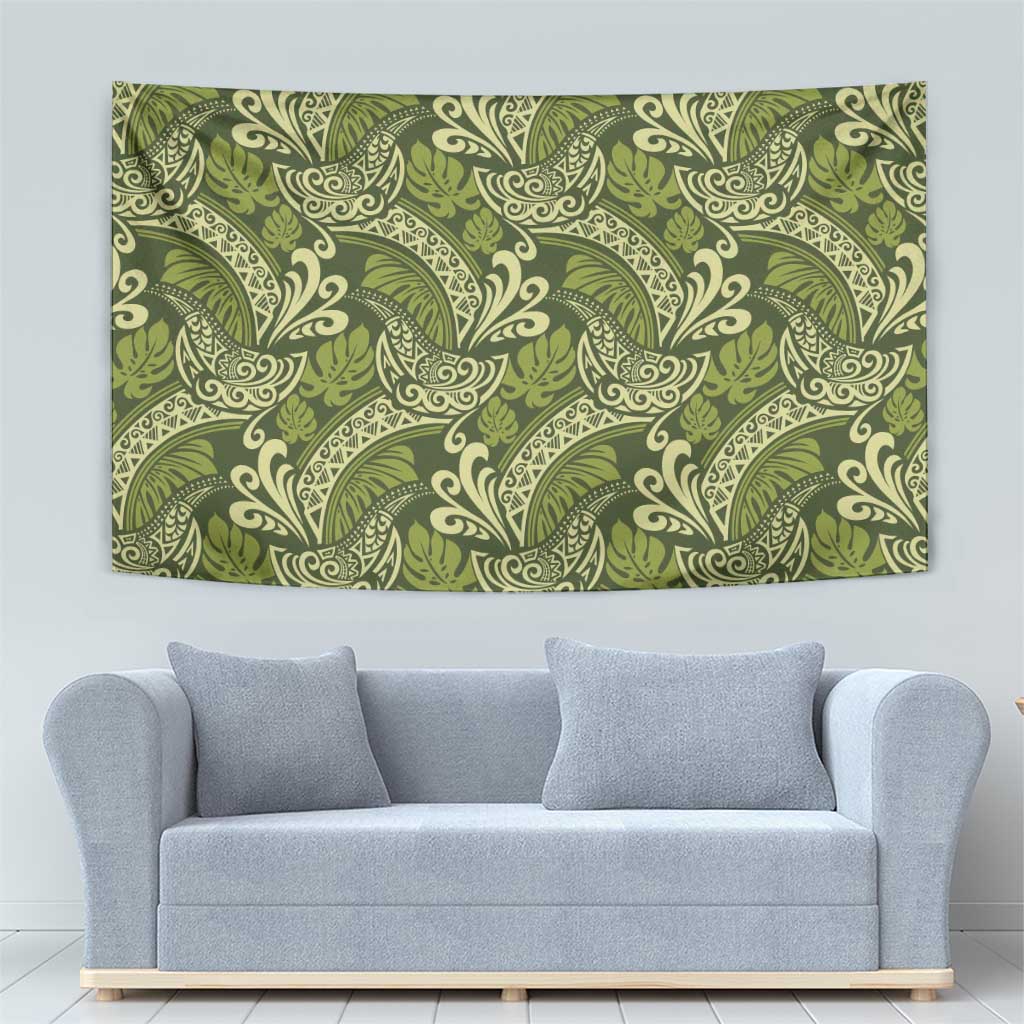 Olive Green Monstera Tapestry Polynesian Tribal Pattern - Polynesian Pride