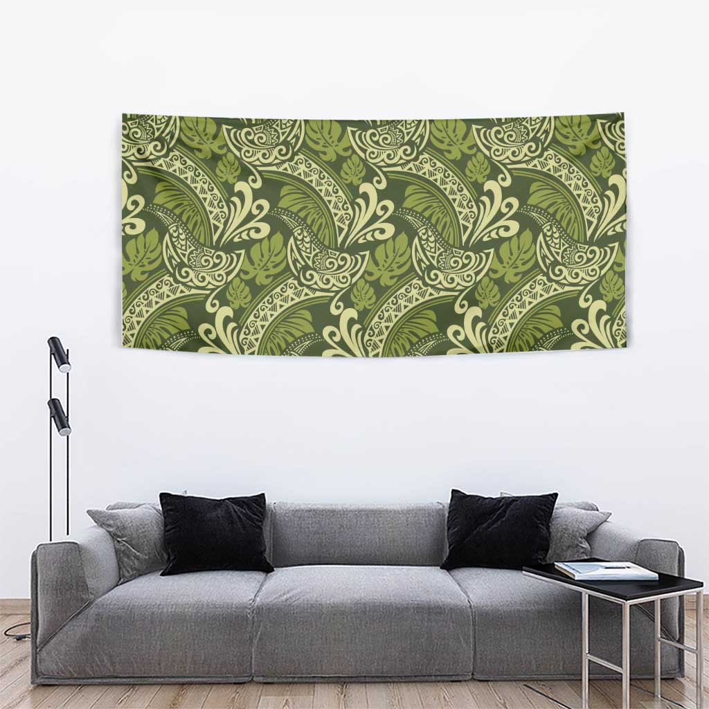Olive Green Monstera Tapestry Polynesian Tribal Pattern - Polynesian Pride