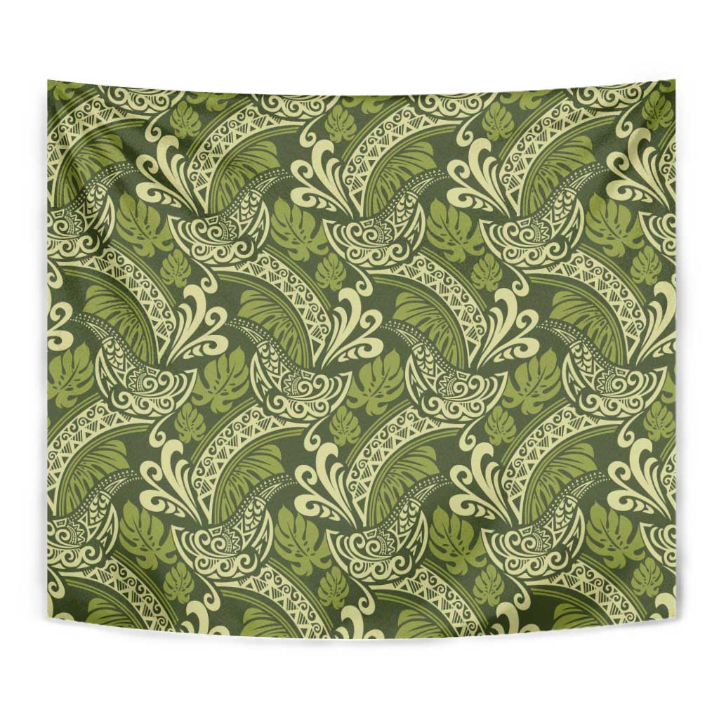 Olive Green Monstera Tapestry Polynesian Tribal Pattern - Polynesian Pride