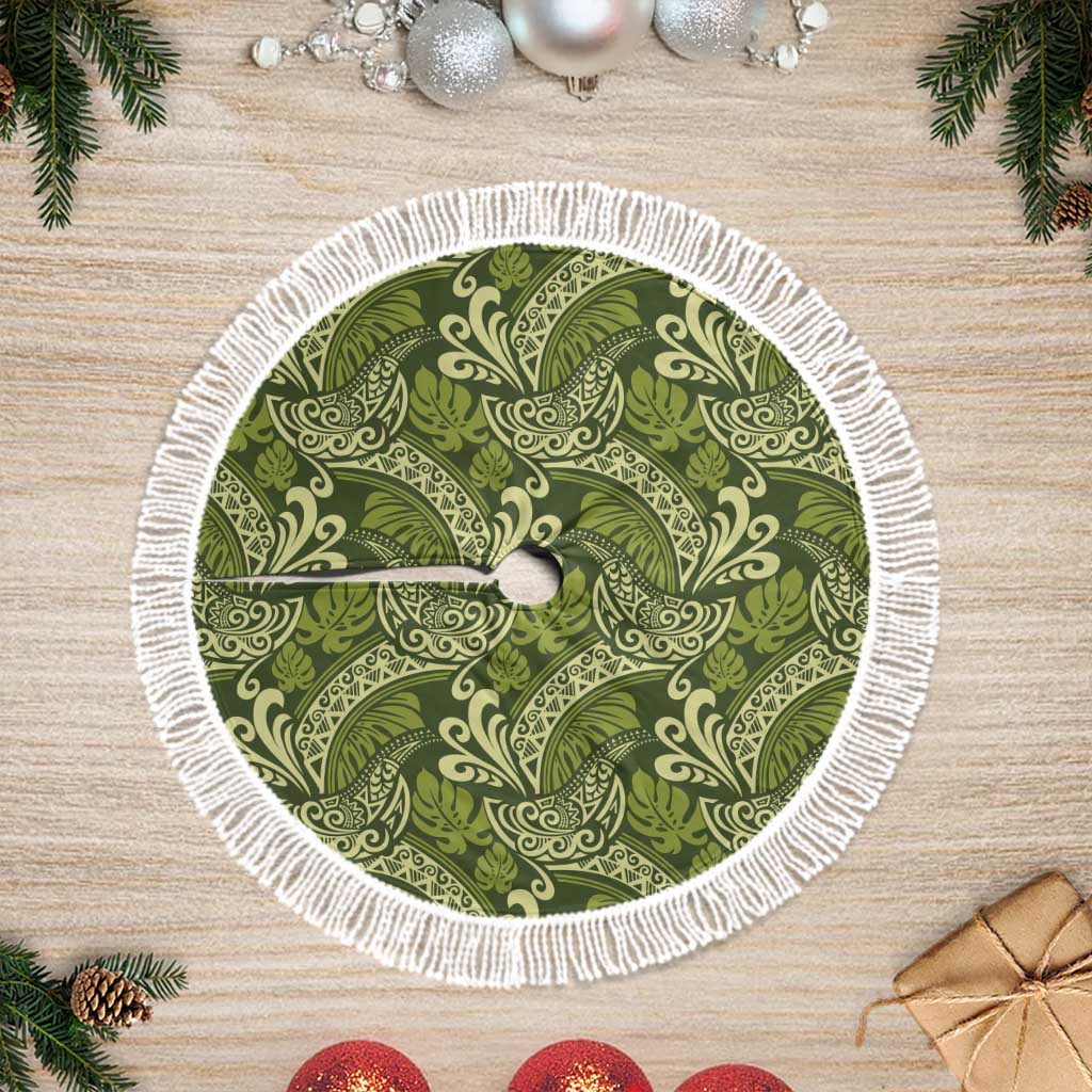 Olive Green Monstera Tree Skirt Polynesian Tribal Pattern LT01 Fringed Green - Polynesian Pride
