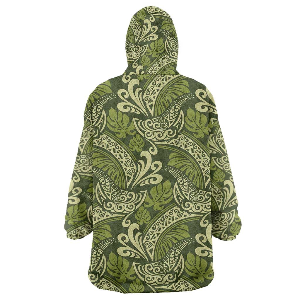 Olive Green Monstera Wearable Blanket Hoodie Polynesian Tribal Pattern LT01 - Polynesian Pride