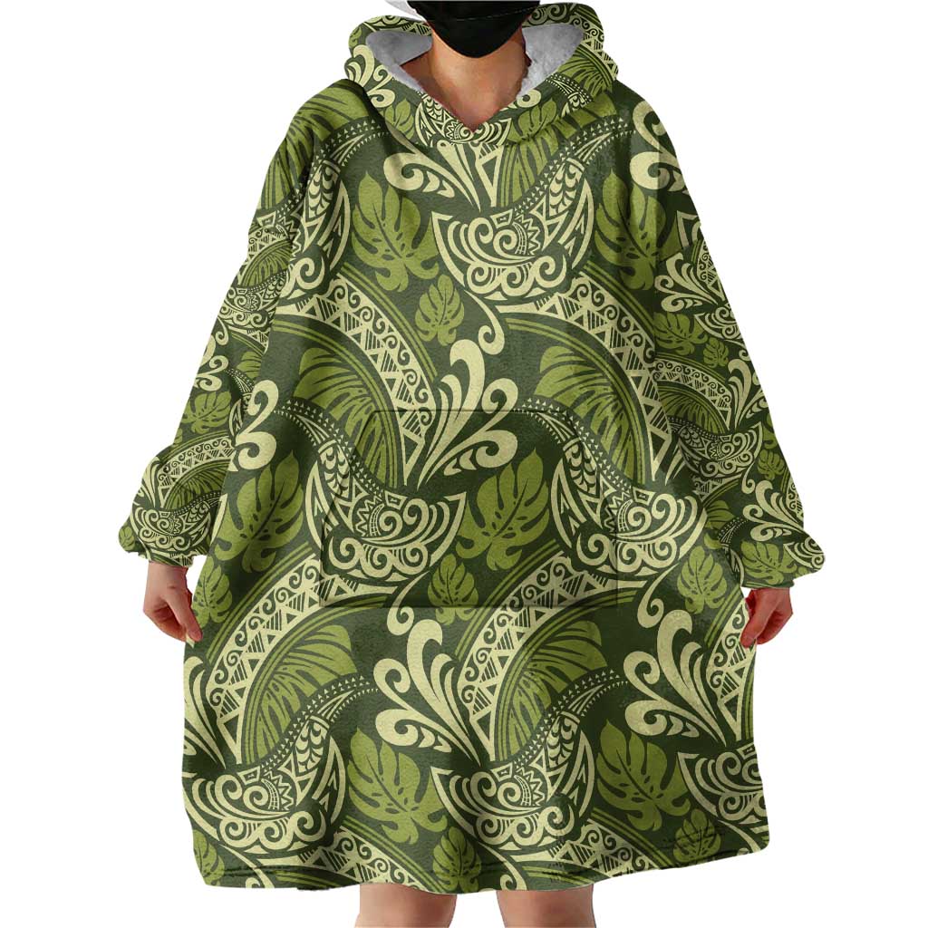 Olive Green Monstera Wearable Blanket Hoodie Polynesian Tribal Pattern LT01 - Polynesian Pride