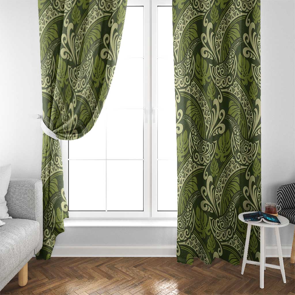 Olive Green Monstera Window Curtain Polynesian Tribal Pattern - Polynesian Pride