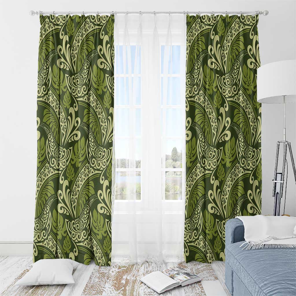 Olive Green Monstera Window Curtain Polynesian Tribal Pattern - Polynesian Pride