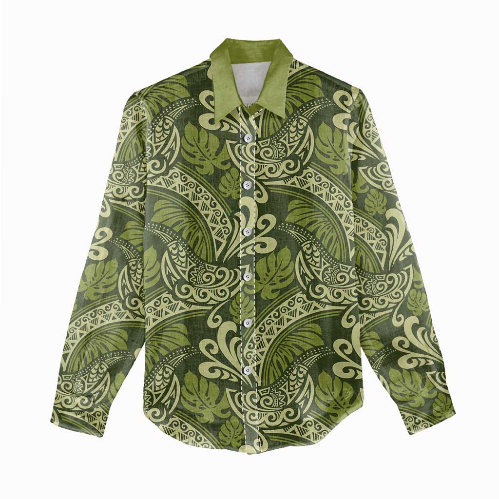 Olive Green Monstera Women Casual Shirt Polynesian Tribal Pattern - Polynesian Pride