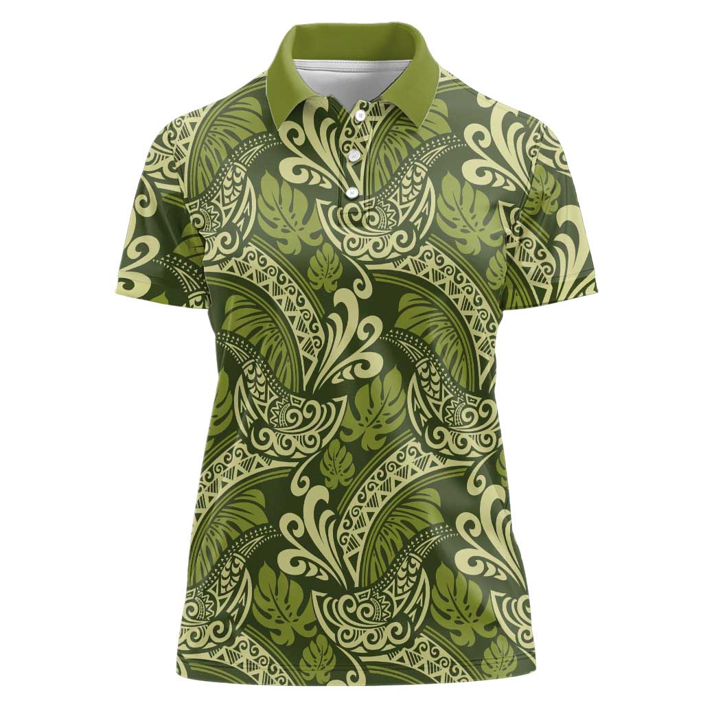 Olive Green Monstera Women Polo Shirt Polynesian Tribal Pattern LT01 Female Green - Polynesian Pride
