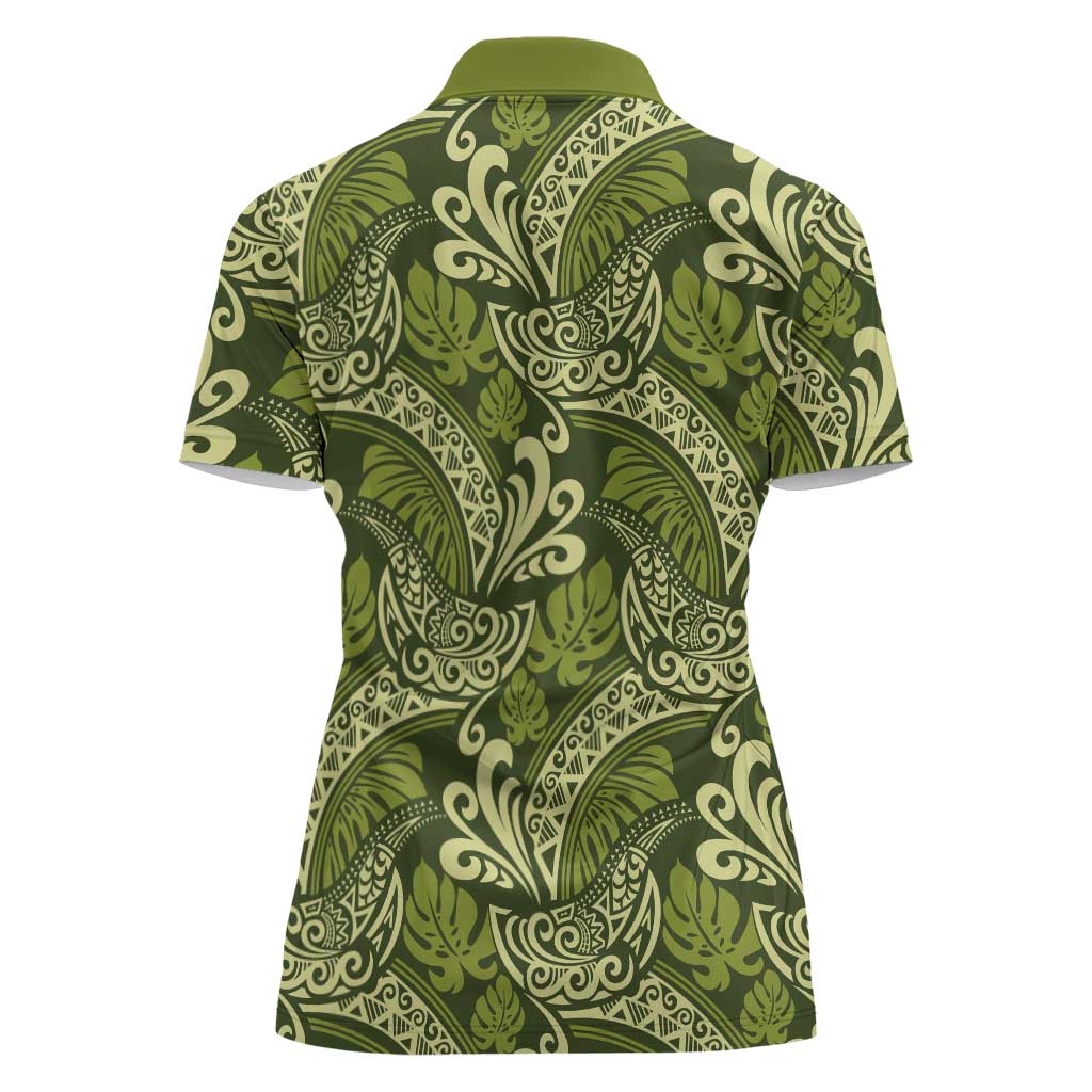 Olive Green Monstera Women Polo Shirt Polynesian Tribal Pattern LT01 - Polynesian Pride