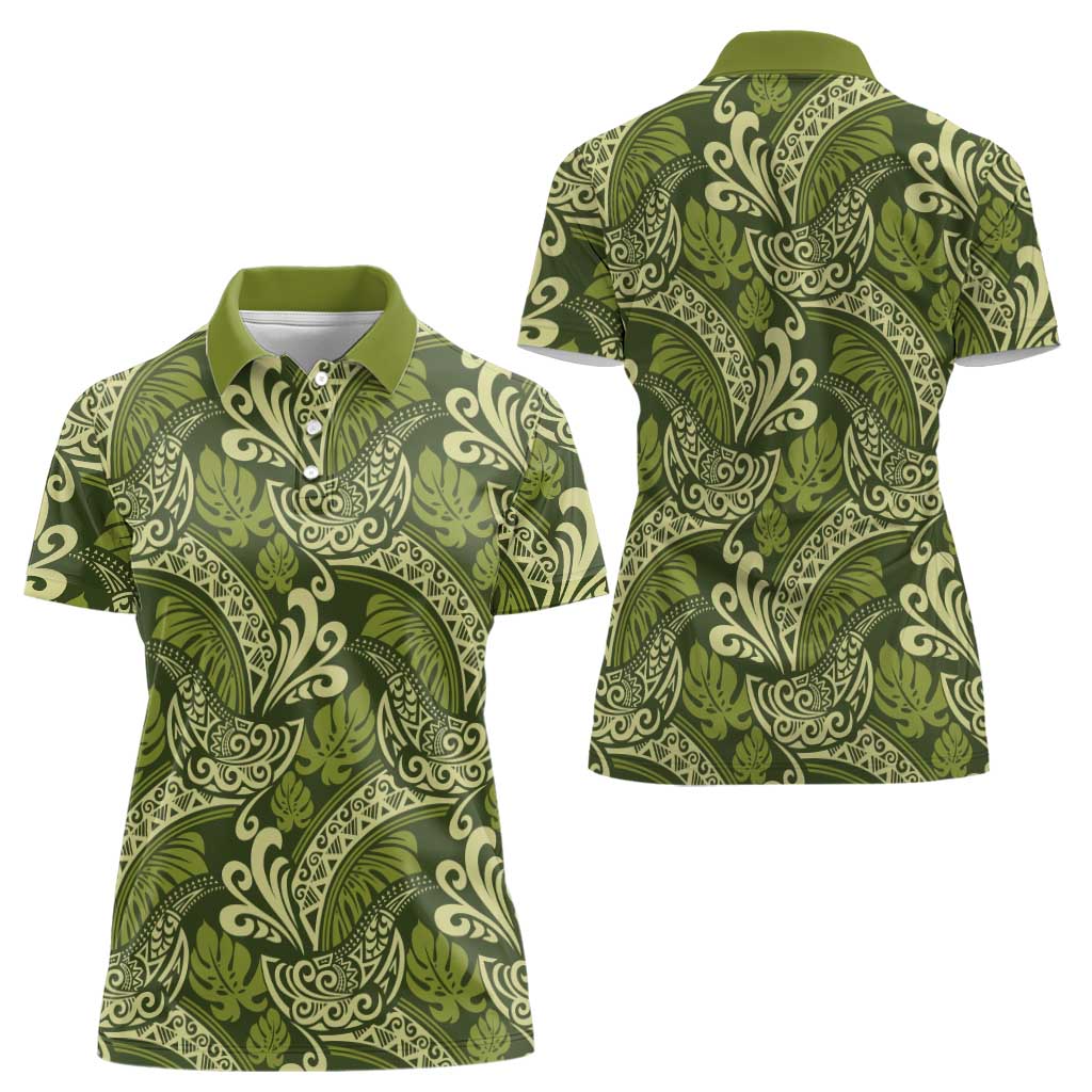 Olive Green Monstera Women Polo Shirt Polynesian Tribal Pattern LT01 - Polynesian Pride