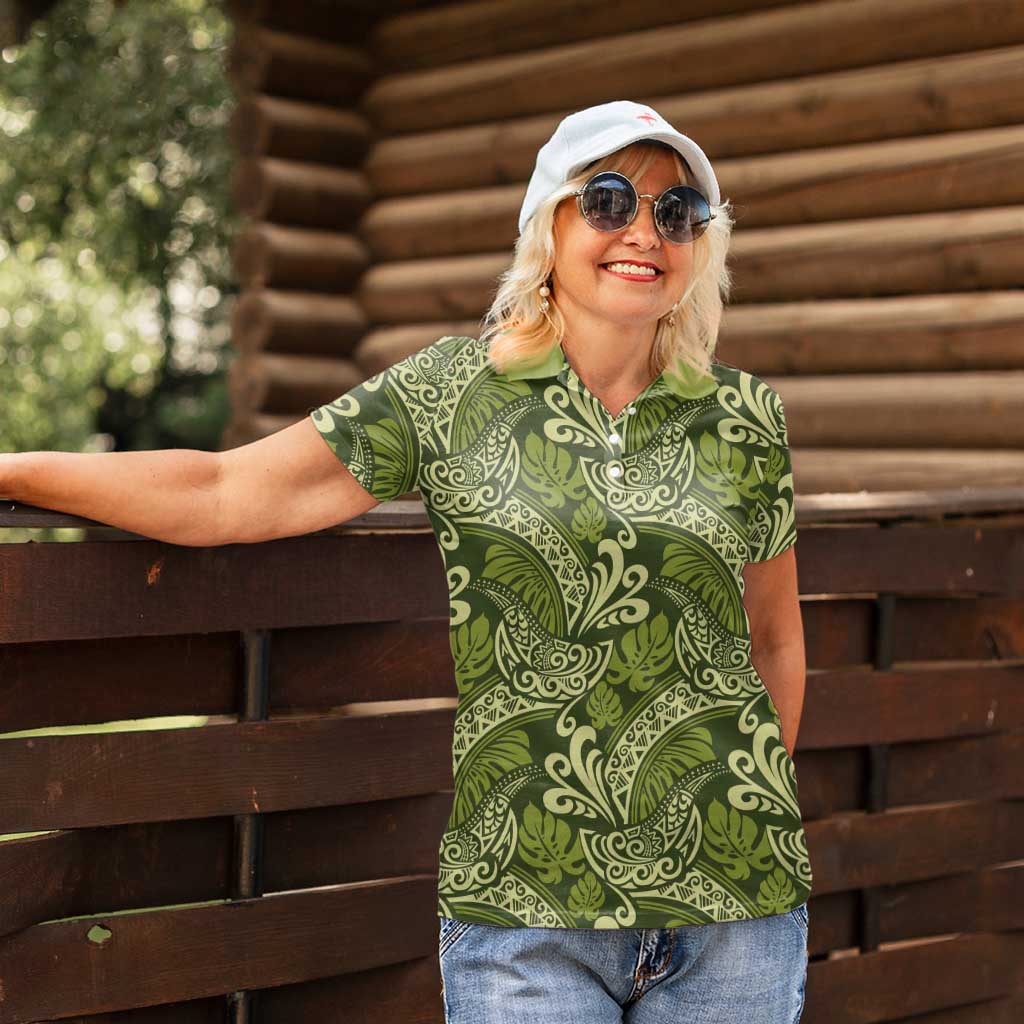 Olive Green Monstera Women Polo Shirt Polynesian Tribal Pattern LT01 - Polynesian Pride
