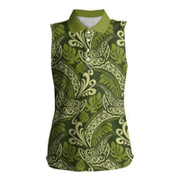 Olive Green Monstera Women Sleeveless Polo Shirt Polynesian Tribal Pattern LT01 Female Green - Polynesian Pride