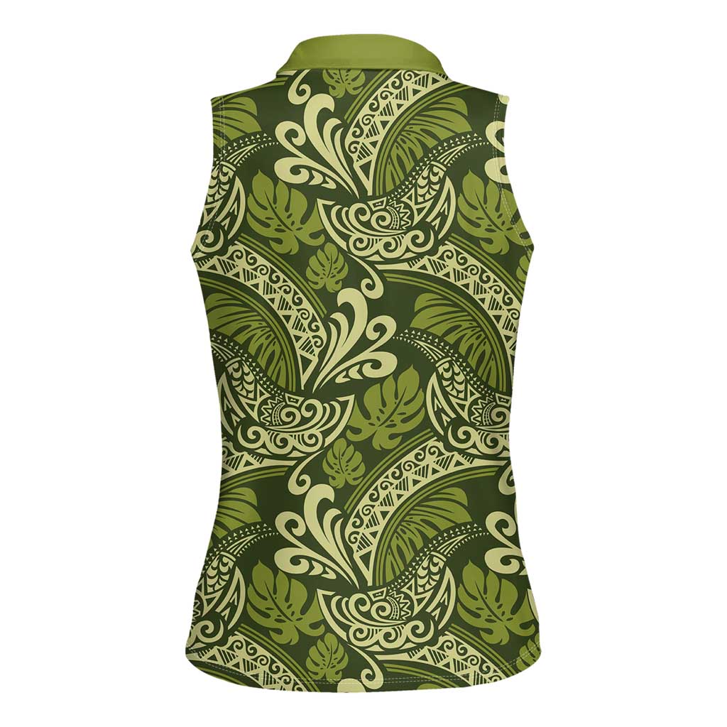 Olive Green Monstera Women Sleeveless Polo Shirt Polynesian Tribal Pattern LT01 - Polynesian Pride