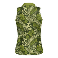 Olive Green Monstera Women Sleeveless Polo Shirt Polynesian Tribal Pattern LT01 - Polynesian Pride