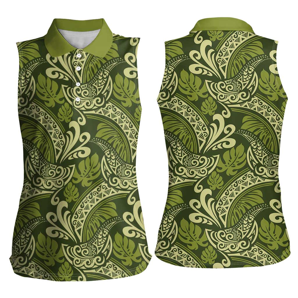 Olive Green Monstera Women Sleeveless Polo Shirt Polynesian Tribal Pattern LT01 - Polynesian Pride
