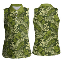 Olive Green Monstera Women Sleeveless Polo Shirt Polynesian Tribal Pattern LT01 - Polynesian Pride