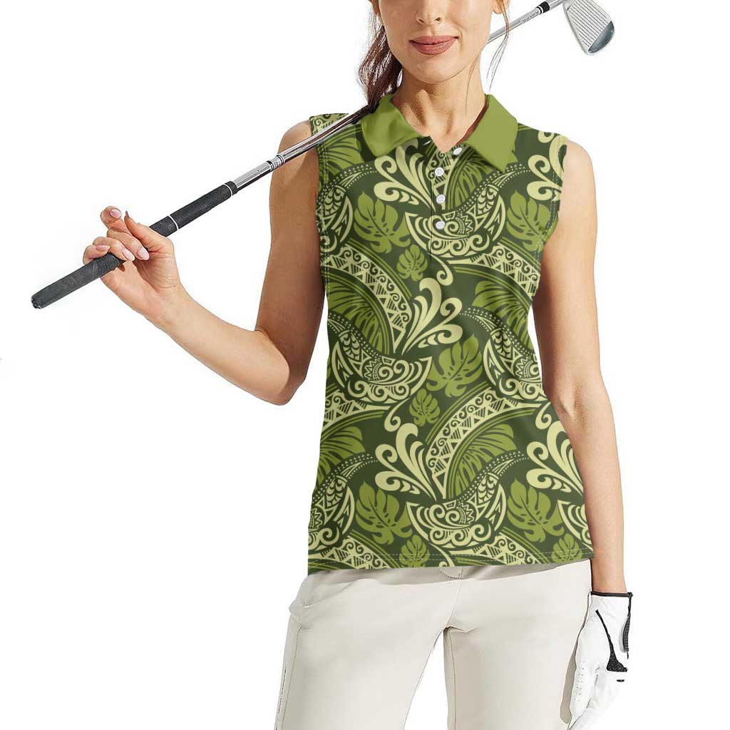 Olive Green Monstera Women Sleeveless Polo Shirt Polynesian Tribal Pattern LT01 - Polynesian Pride