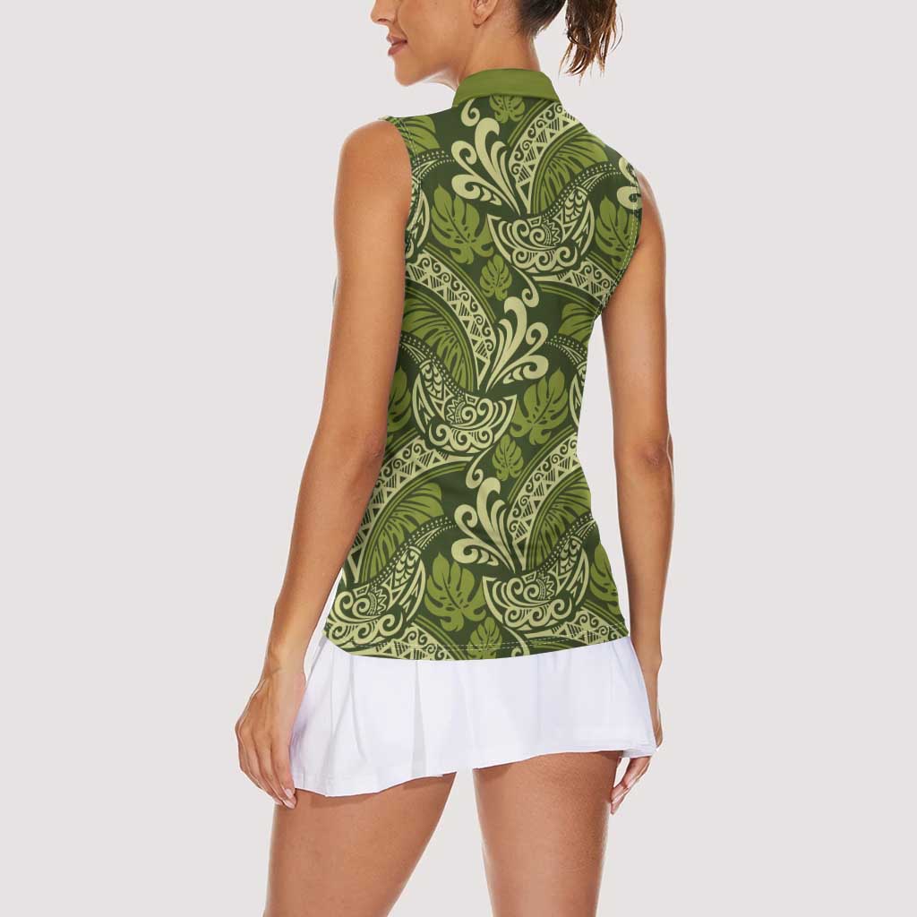 Olive Green Monstera Women Sleeveless Polo Shirt Polynesian Tribal Pattern LT01 - Polynesian Pride