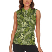 Olive Green Monstera Women Sleeveless Polo Shirt Polynesian Tribal Pattern LT01 - Polynesian Pride
