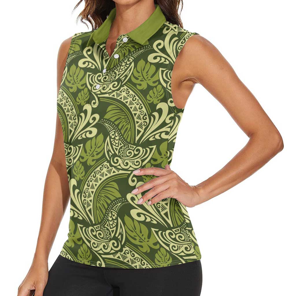 Olive Green Monstera Women Sleeveless Polo Shirt Polynesian Tribal Pattern LT01 - Polynesian Pride