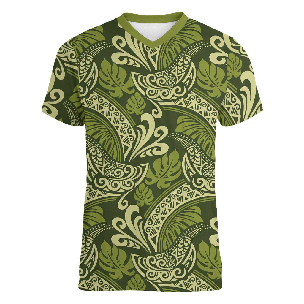 Olive Green Monstera Women V-Neck T-Shirt Polynesian Tribal Pattern LT01 Female Green - Polynesian Pride