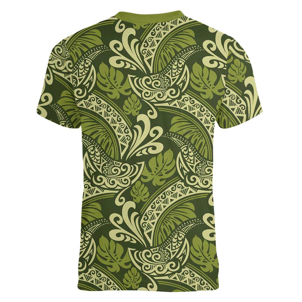 Olive Green Monstera Women V-Neck T-Shirt Polynesian Tribal Pattern LT01 - Polynesian Pride